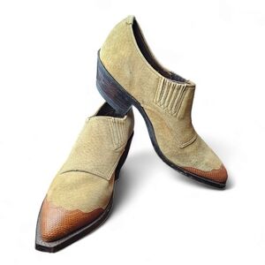 NOCONA BOOTS Women's Tan Suede Pointed Snake Toe Stacked Heel Western Ankle Boot
